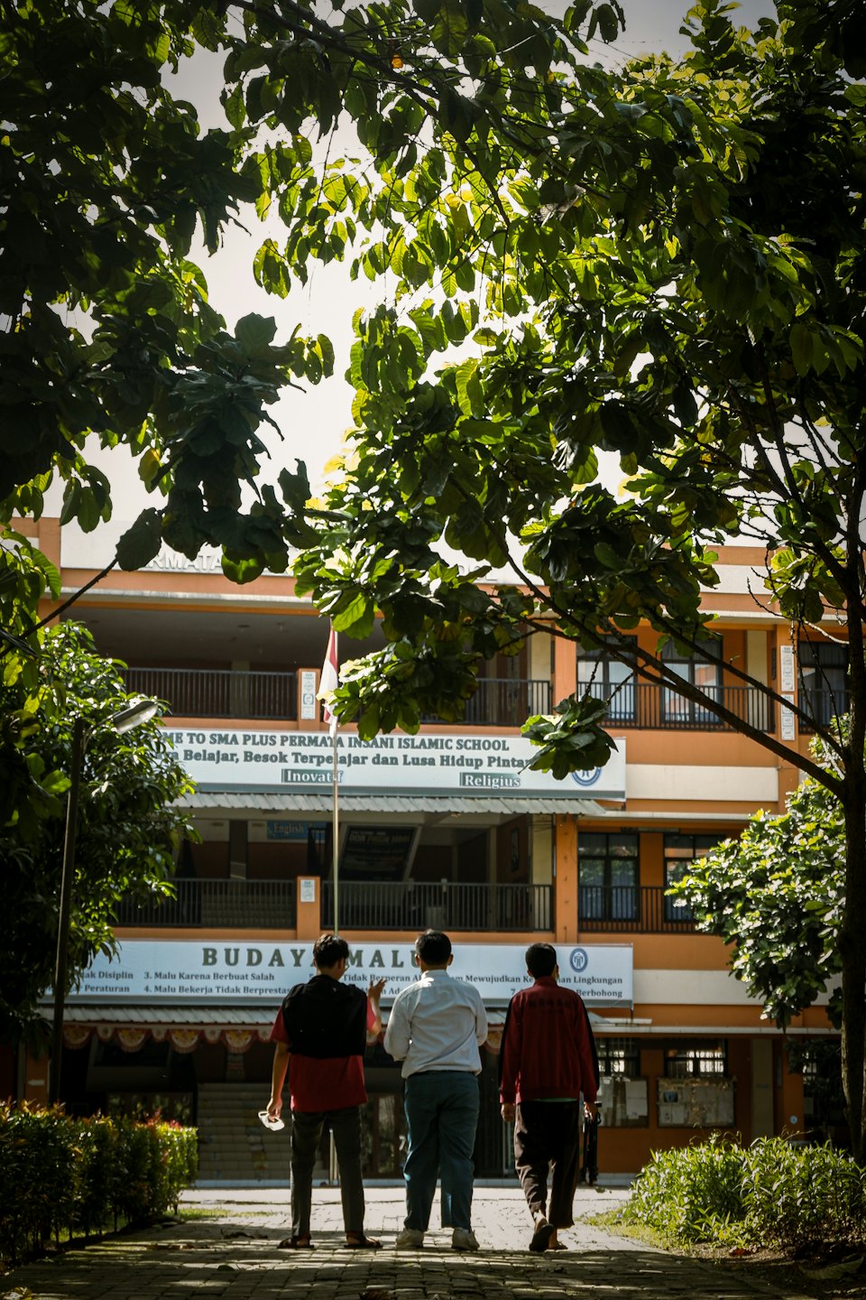 Three students walk along a path toward their school building.